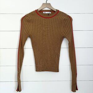 Zara NWOT women's camel brown ribbed long sleeve top with red trim detail